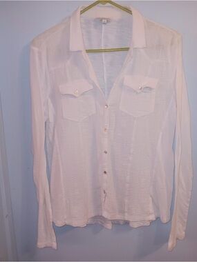 Lucky Brand Sheer Long Sleeve White Textured Button Down Blouse Large